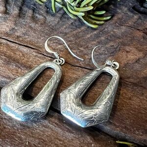 Vintage Etched Hooks Earrings Sterling Dangle Western Engraving Floral U shape